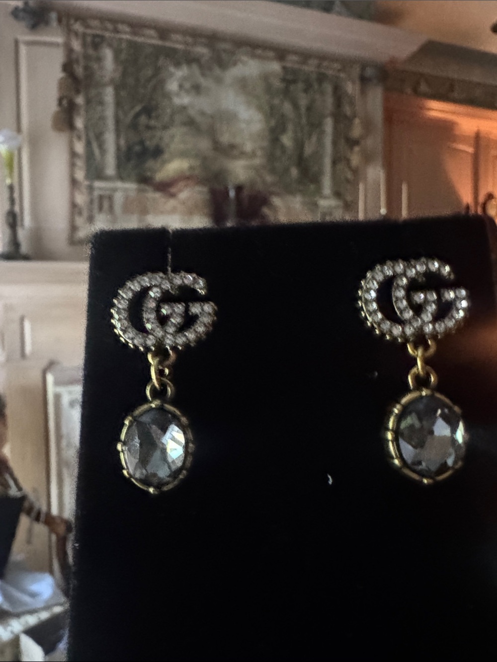 Earrings Double-G Drop - antique gold tone gray crystal - Picture 3 of 4